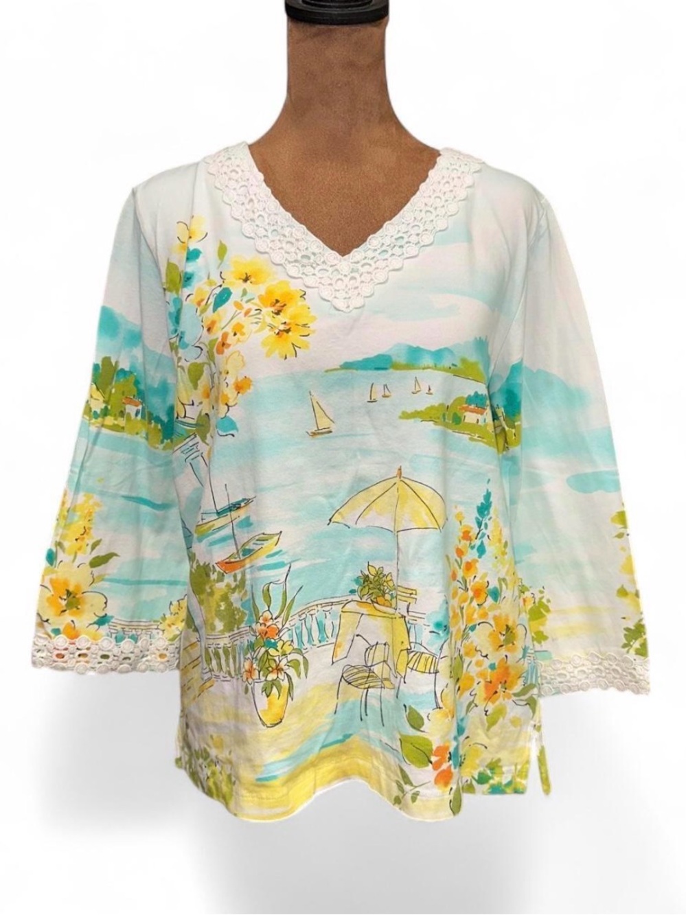 Alfred Dunner Scenic V-Neck Tunic in Aqua and Yellow Floral Print Small Cotton